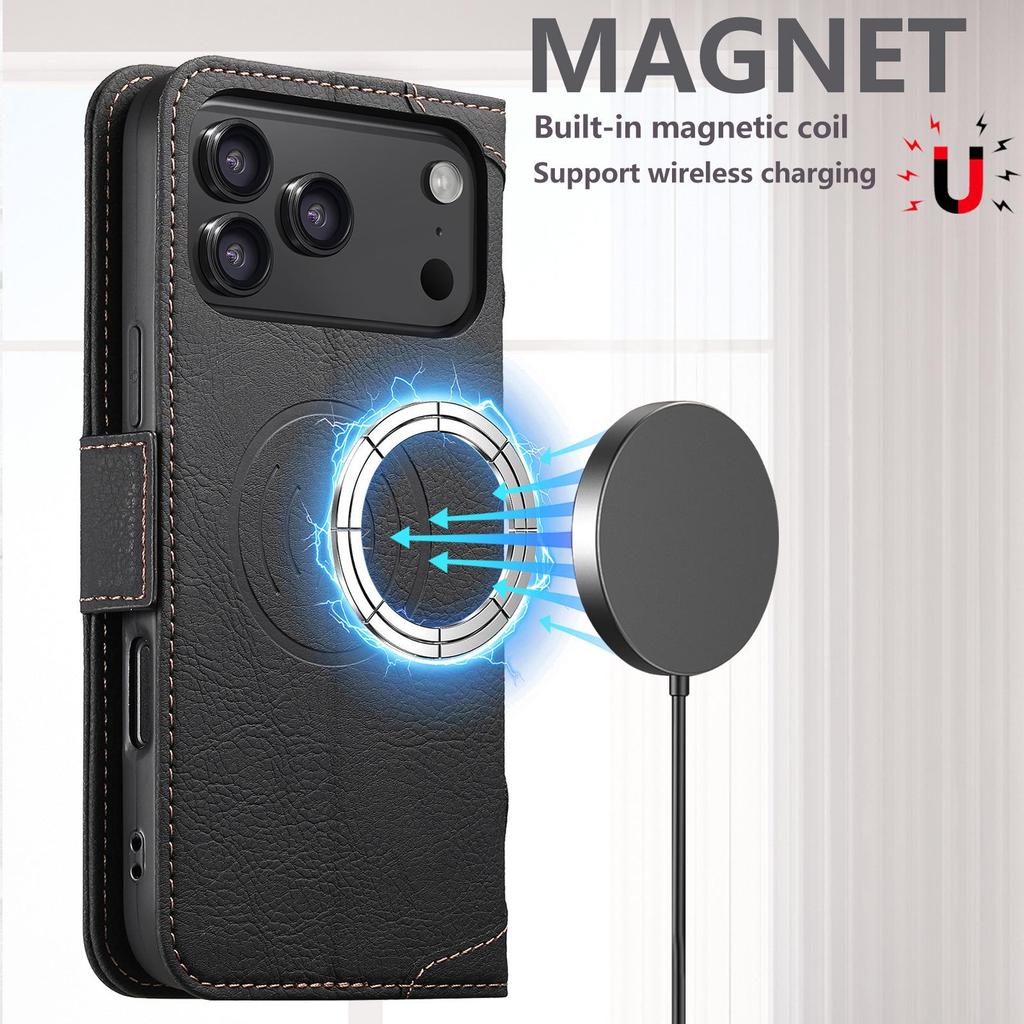 iPhone 17 Pro Flip Case with MagSafe, Card Slot, Wireless Charging, Stand, and Protective Leather Design