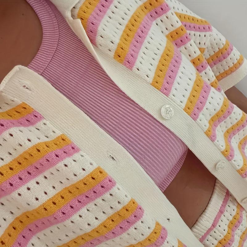 Set Estivo da Donna a Maglia a Strisce Vuote 2 Pezzi Cardigan a Maniche Corte con Collo a Revers a Bottone Singolo Pantaloncini Casual