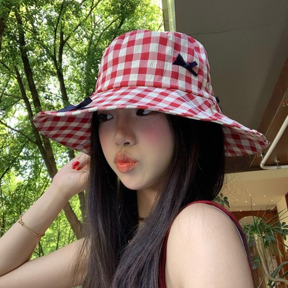 Sun Protection Drawstring Sun Hat Small Lattice Bow Bucket Hat Sweet Plaid Hiking Cap  Famale