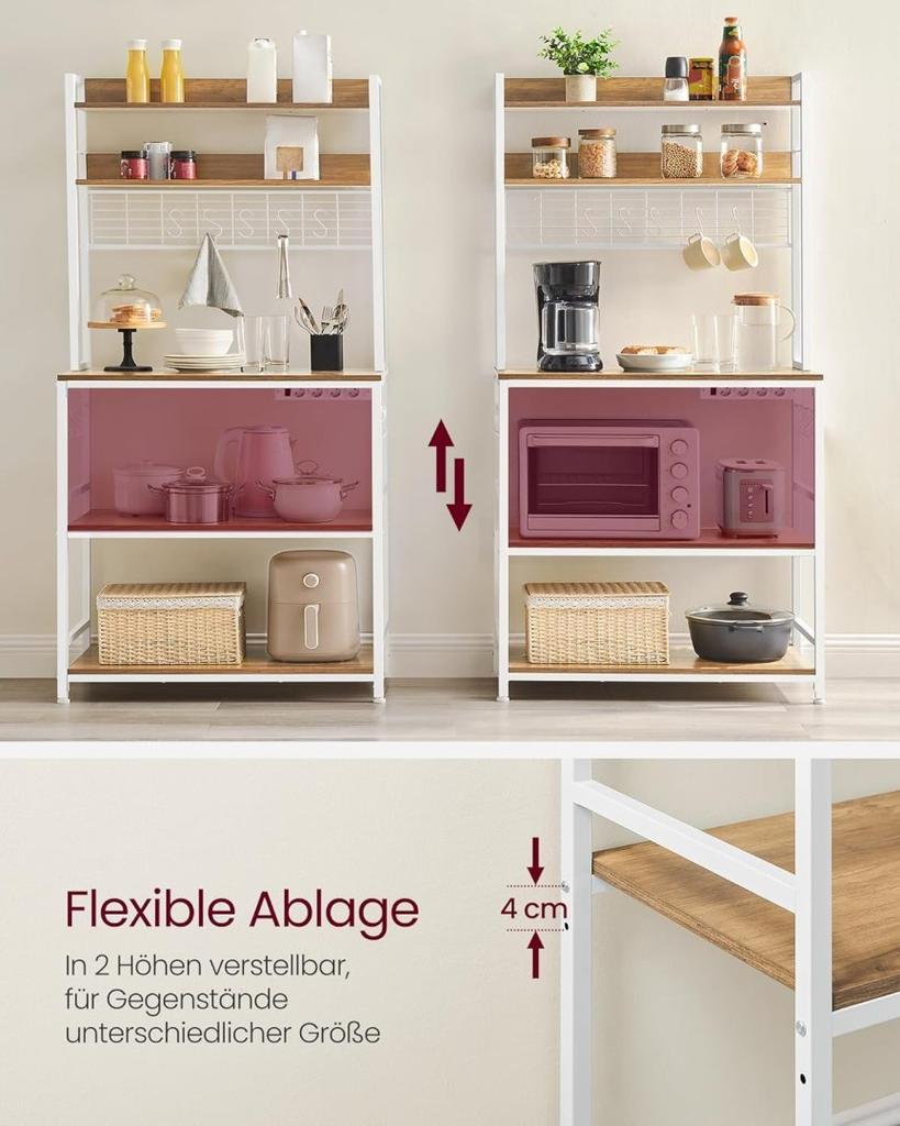 Kitchen Shelf with Mesh Plate, 14 Hooks, 40 X 80 X 170 Cm, Vintage Brown/white