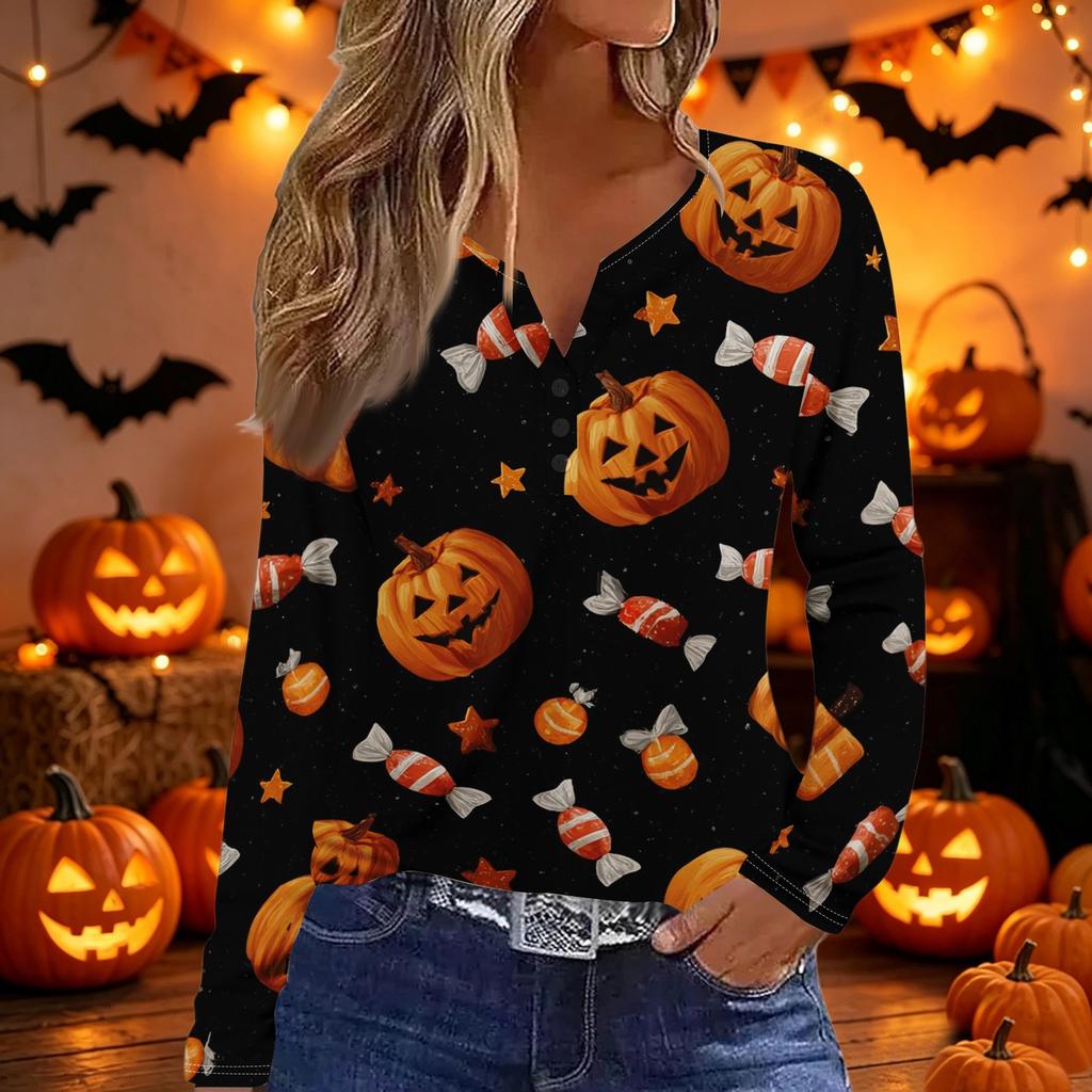 Women’s Casual Halloween Printed V Neck Decorative Button Long Sleeve T Shirt Top with Pumpkin and Candy Pattern