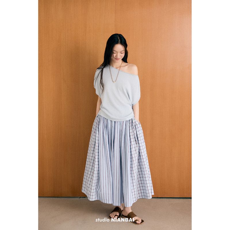 

Chanbai Gingham Stripes Patchwork Texture Light and Breathable Big Hem Skirt Nq5886 Blue brown color matching S