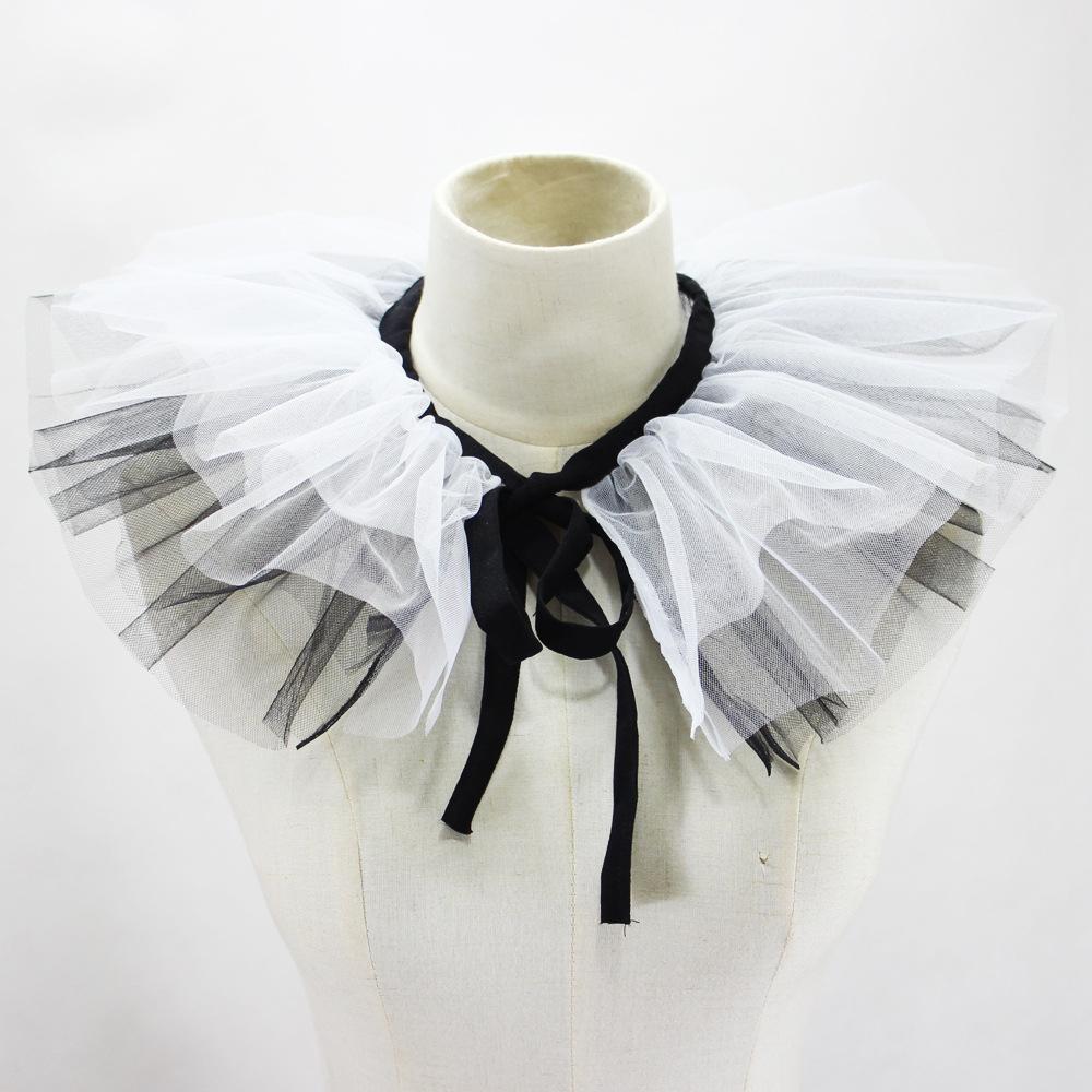 Women Tulle Ruffled Fake Collar Multi-Layered Mesh Clown Choker Lace-Up Ribbon Neck Ruff Shawl Fake Collar