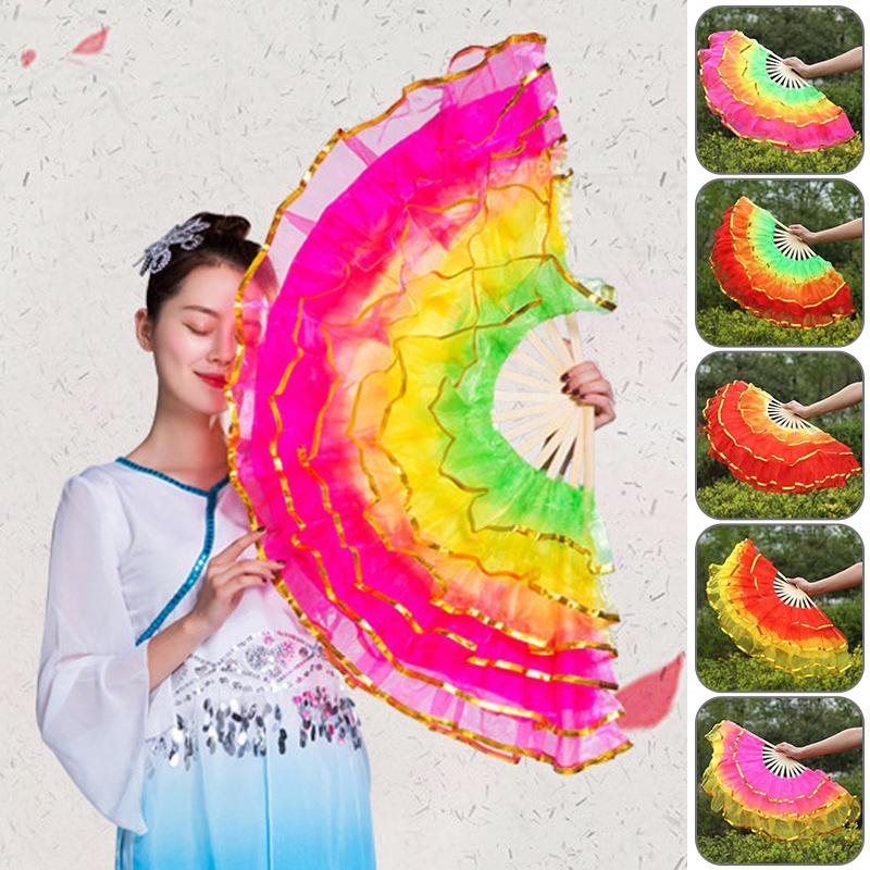 Éventail pliant coloré en soie teinte pour danseuse, éventails en soie imitation pour la pratique, style chinois fait main, accessoires de performance de danse Yangko