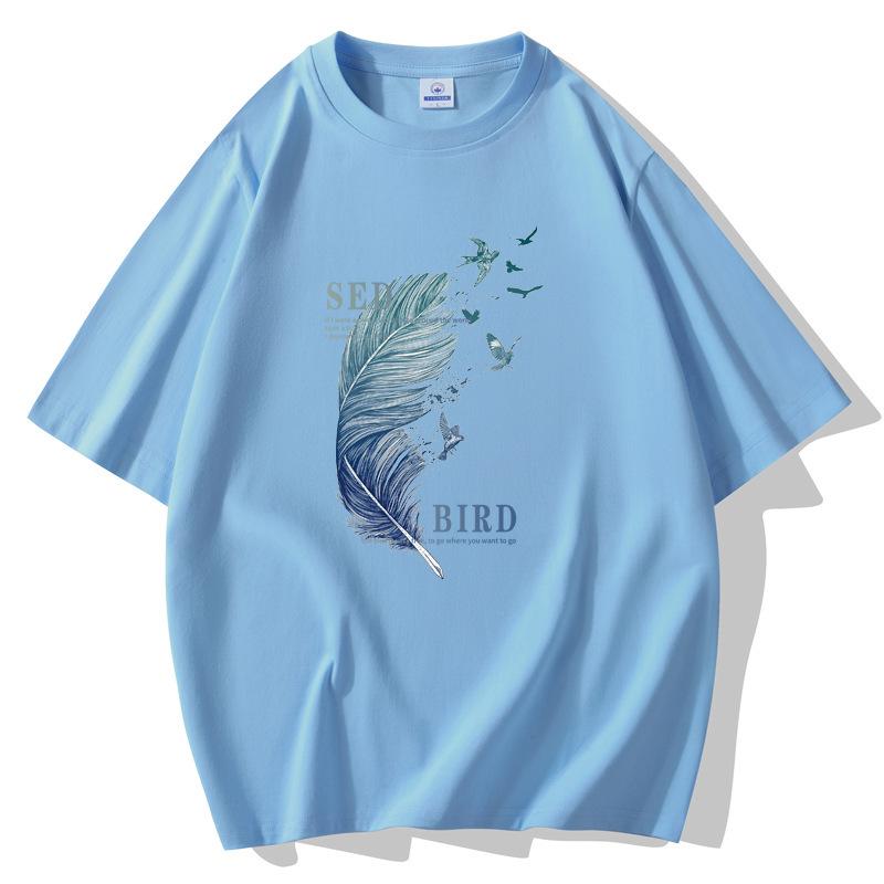 10 Colors Feather Man's Short Sleeves Loose T-shirt 100% Cotton Casual Tee Size S-5XL
