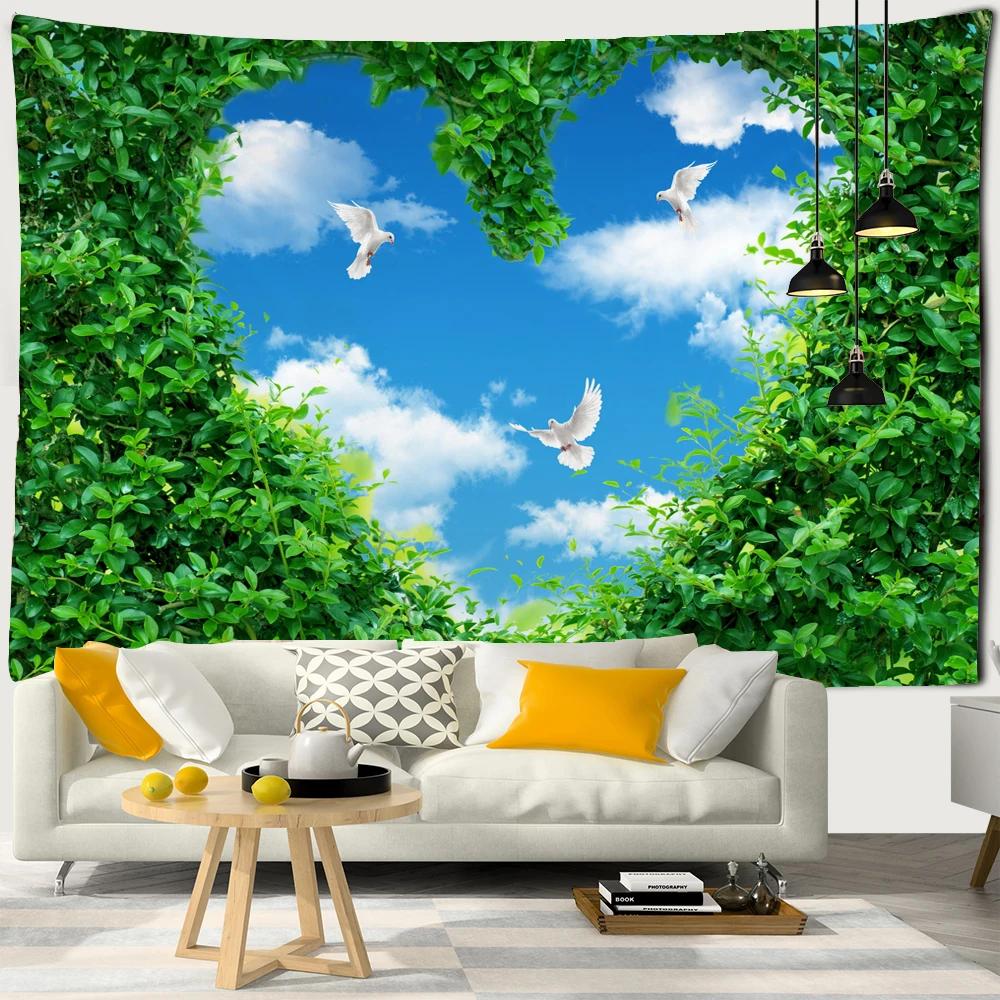 Landscape Tapestry Wall Hanging Sunny Scenery Blue Sky Love Heart Cloud Pigeon Beach Wall Tapestry Backdrop Wall Cloth Tapestry