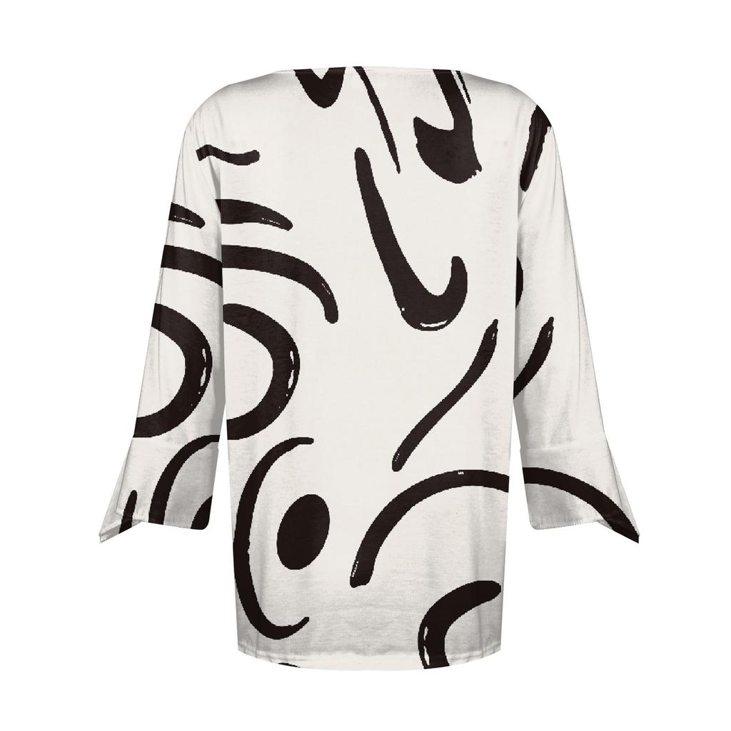 Dámská móda Top ležérní halenky s potištěným výstřihem do V Tričko Bell 3/4 rukáv