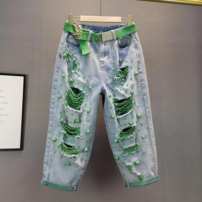 Summer Beaded Ripped Contrast Color Non-elastic Loose Personality Thin Jeans