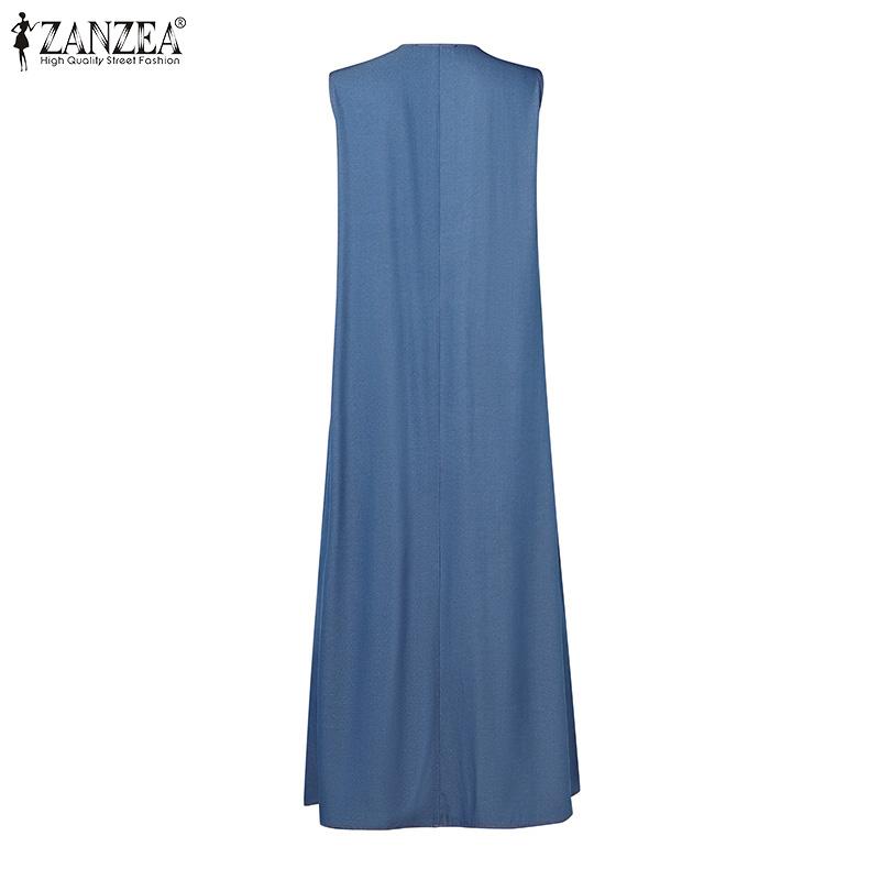 ZANZEA Damen Sommer Rundhals Lose Casual Ärmelloses Kleid