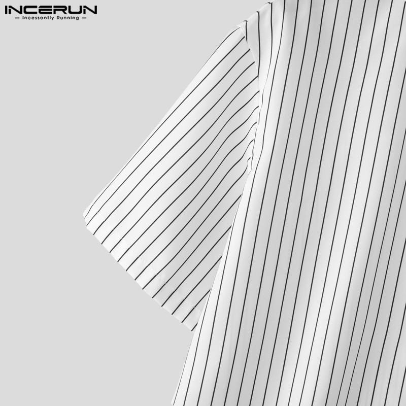 INCERUN Men Short Sleeve Henley Shirt Striped Loose Casual Tops