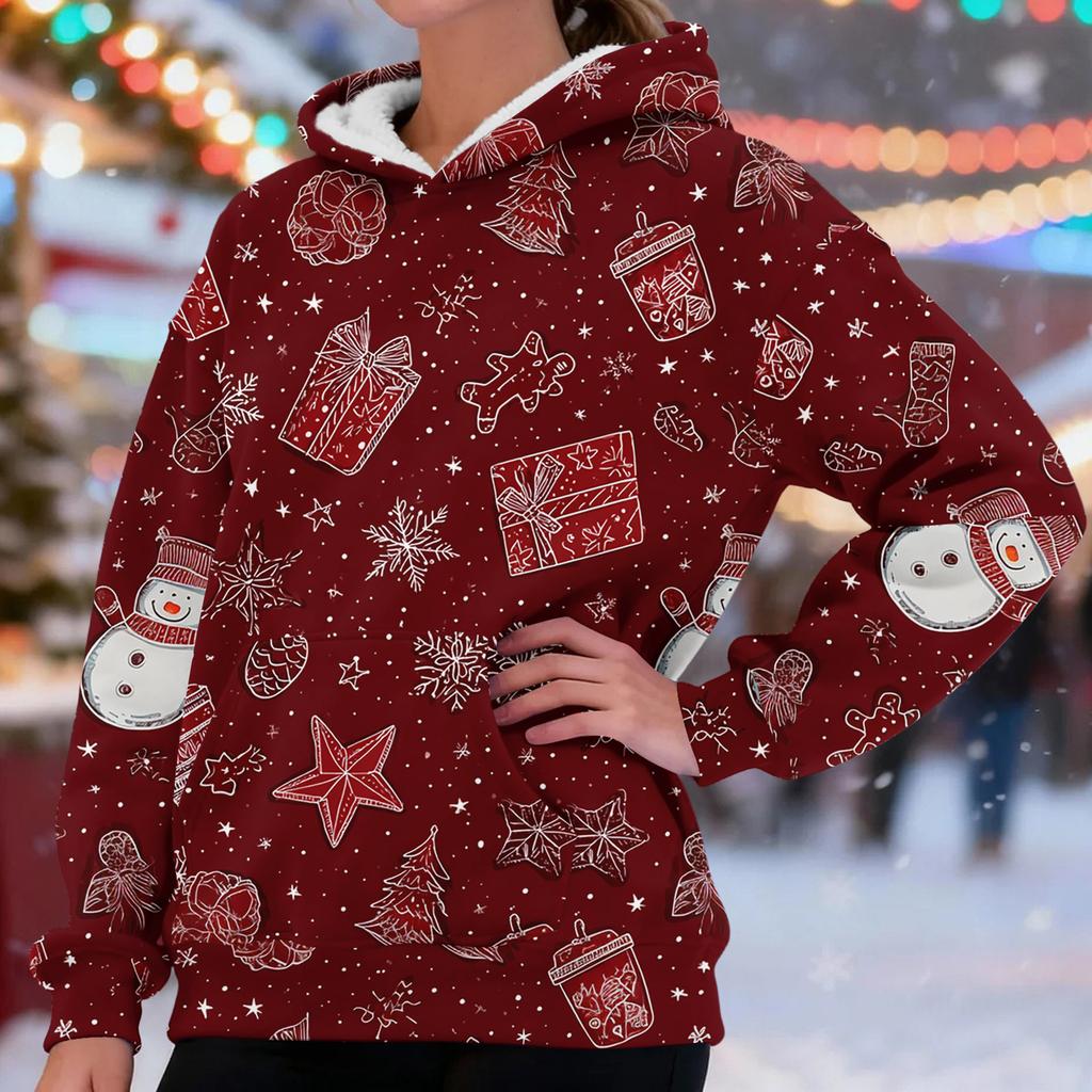 Women's Fashionable Casual Long-Sleeved Christmas Print Fleece-Lined Thick Hooded Sweatshirt