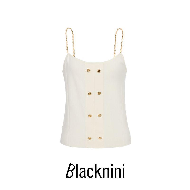 

Blacknini Yin Waffle/One Woven Chain Silk Blended Double Row Gold Buckle Sling Top White(In stock) XL