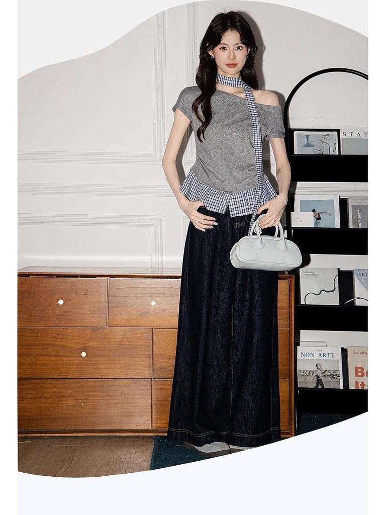 Damen 2025 Sommer Kariertes Patchwork Off-Shoulder T-Shirt mit unregelmäßigem Ausschnitt und kurzen Ärmeln