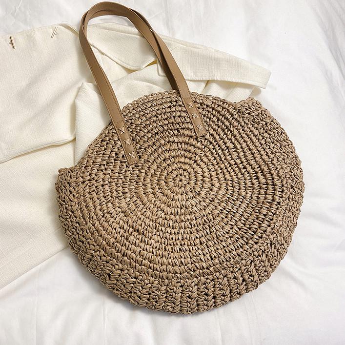 Женская плетенная соломенная сумка-тоут ручной работы - Вместительная сумка через плечо для путешествий и отпуска кофейный