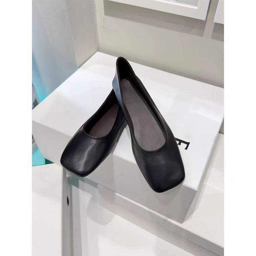 Spring flat-soled ballet shoes minimalist retro square-headed grandma shoes niche soft leather single shoes