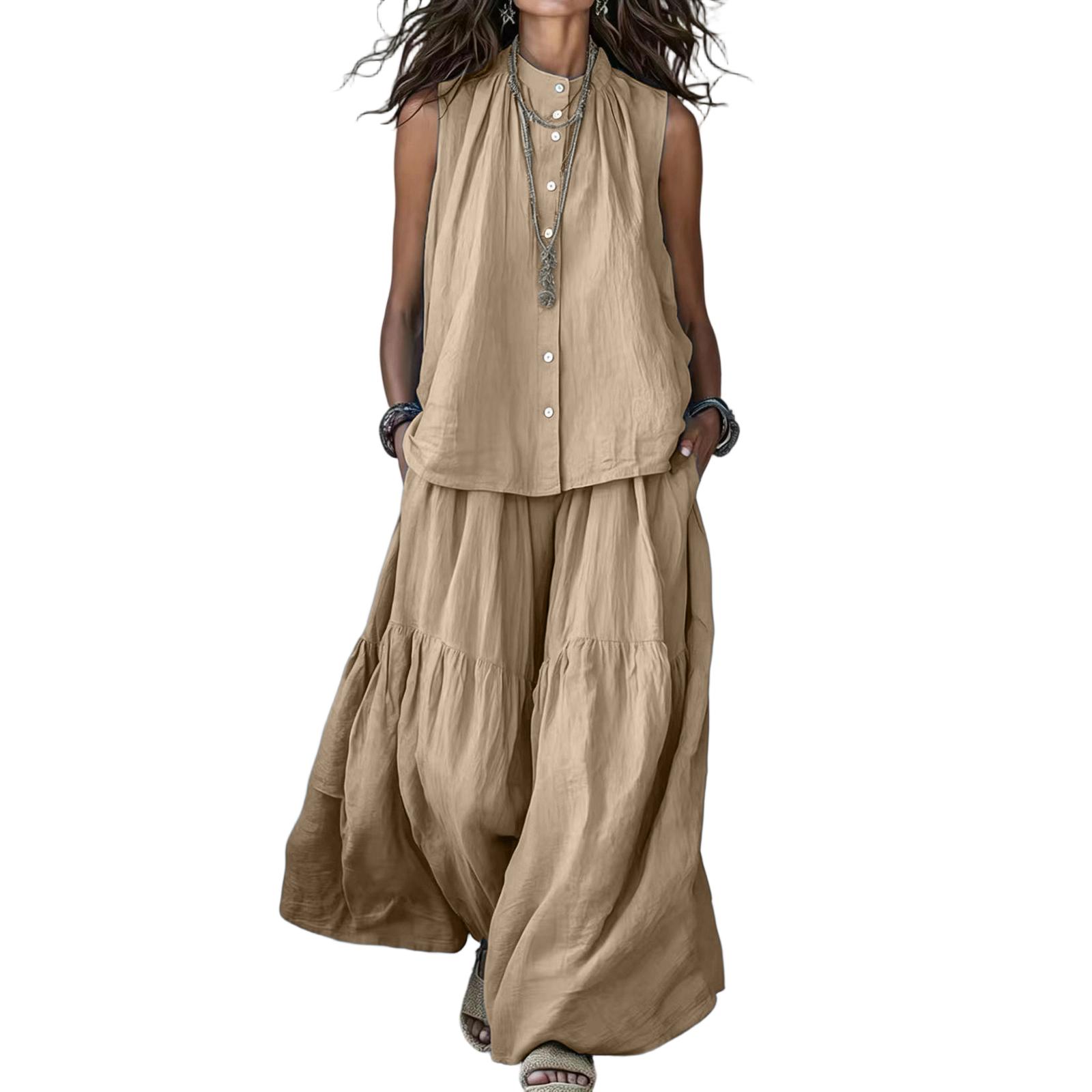 

Fashionable Women s Sleeveless Shirt And Loose-Fit Pants Two-Piece Set XL хаки