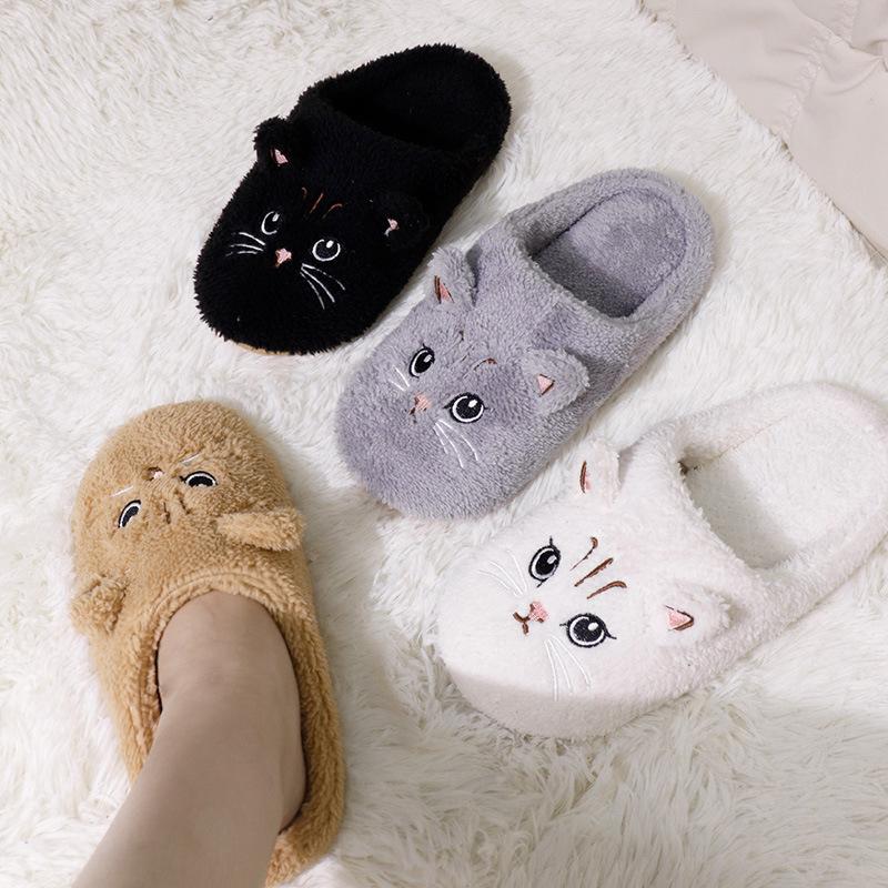 Fashion Women's Cat Cotton Slippers Lightweight Soft Sole Warm Home Slippers Women Cute Cartoon Fluffy Indoor Floor Shoes Female Slides