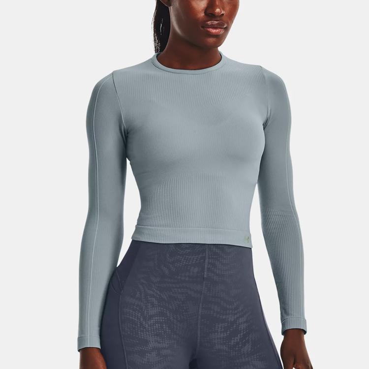 Under Armour Rush Series Solid Casual Logo Print Crew Neck Long Sleeve T-Shirt Women Tops Harbor-Blue 1373930-465