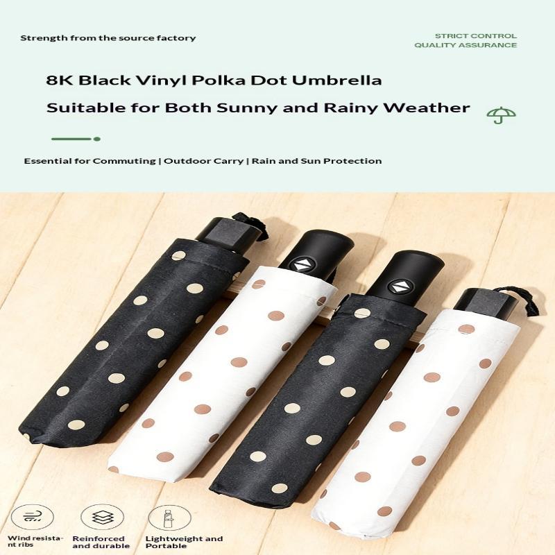 Parapluie Pliant à Pois Revêtement Noir Anti-UV Imperméable Parfait Pour le Trajet Quotidien et les Voyages