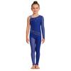 Girls Figure Skating Gymnastics Jumpsuit Asymmetrical Design Back Invisible Zipper Mesh Patchwork Sparkly Rhinestones Bodysuit for Competition