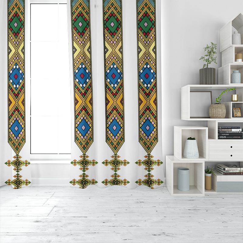 1 set of 2 pieces, purple-colored geometric rhombus patterned Ethiopian-style printed curtains, living room furniture decoration