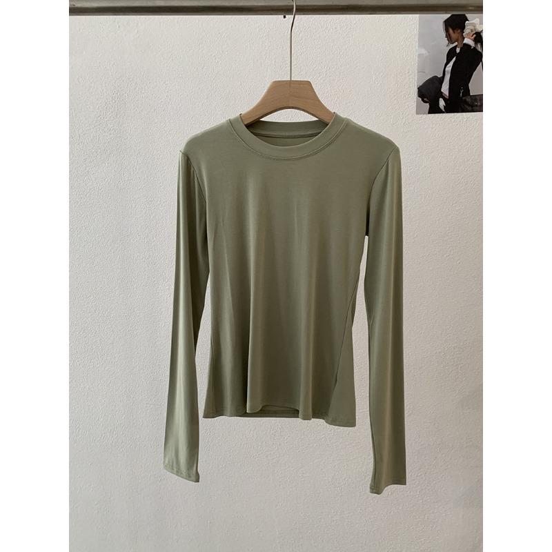 Frühling Herbst Rundhals Einfarbig Unterteil T-Shirt Damen Langarm Schlicht Allround Elastischer Pullover T-Shirt Top