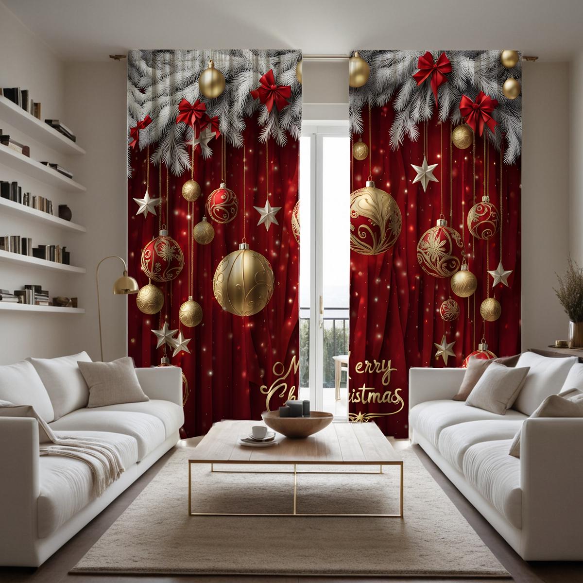 

2-х компонентный HD цифровой красный галстук Рождественский подвесной шар кедровая занавеска Стиль украшения дома Украсьте гостиную спальню Носите штангу курт W52H63inchW132H160cm