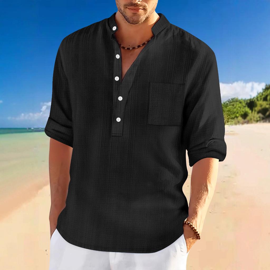 Men's Stand Collar Bamboo-Weave Linen-Look Long-Sleeved Shirt Loose-Fit Casual Henley Top
