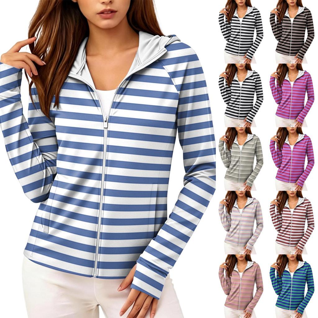 Women Zip Up Hoodie with Pockets Long Sleeve Lightweight Striped Sun Jacket Casual Hooded Top