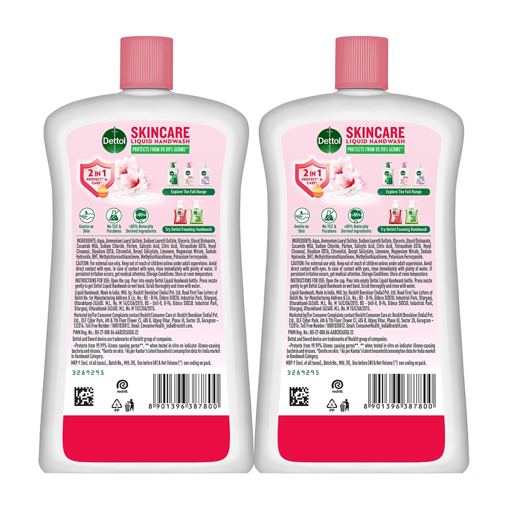 Dettol Liquid Handwash Bottle - Skincare Hand Wash- 875ml (Pack of 2) | pH Balanced | 10x Better Germ Protection