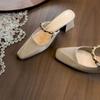 Fashion Block Heel Baotou Slippers Autumn New Square-toe Shallow-mouth Metal One-band Non-slip Kitten Heel Shoes