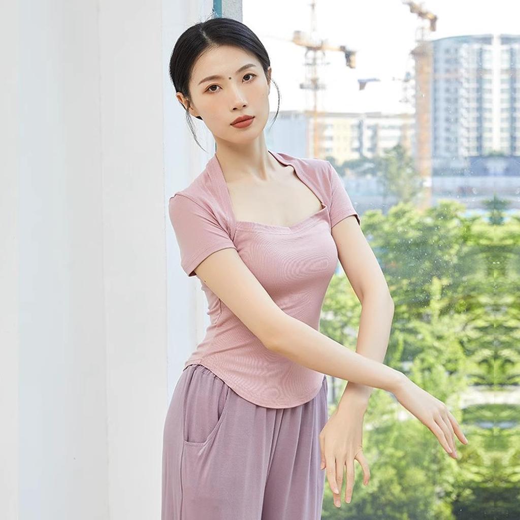 Yuoku Ballet Short Square Solid Practice Jazz Elegant Dance Costume B01 Green Women's T-Shirt, Sleeves, 3/4 Sleeves, Neck, Color, Wear, Dance, Yoga,