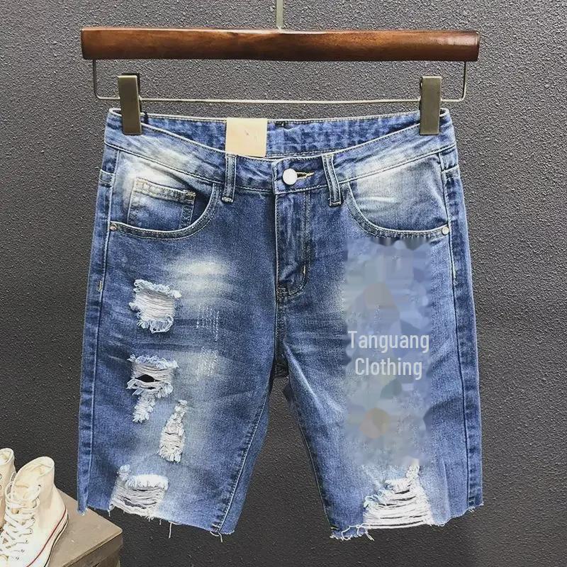 2022 Men's Korean Fashion Ripped Denim Shorts - Summer Half-length Pants