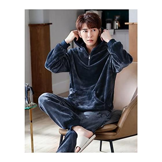 [D.IIZOO] Parka Style Long Sleeve Fluffy Pajamas Men's Winter Top and Bottom Set Room Wear Loose Warm Cold Protection Loungewear Fleece Lined Pajamas