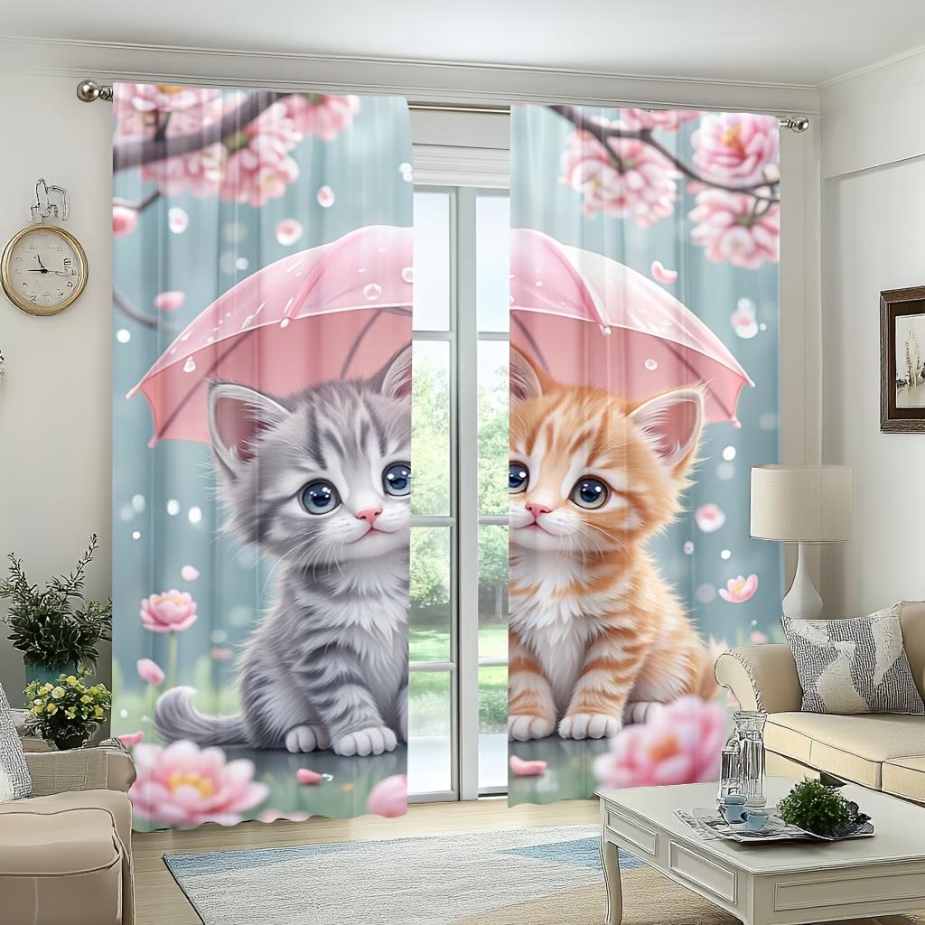 2PCS Digital Printed Curtains, Cat with
