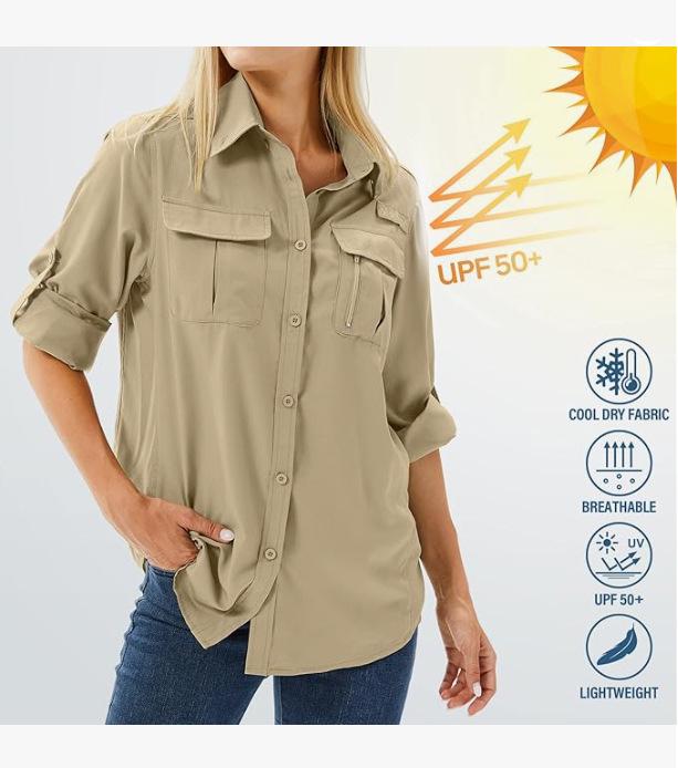 Camicia da esterno da donna 2025 ad asciugatura rapida, elasticizzata, multi-tasche, protezione UV, traspirante