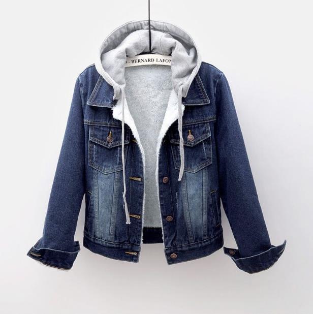 Damen Kapuzen-Jeansjacke mit langen Ärmeln Locker geschnitten Cropped Truckerjacke Koreanischer Pendlerstil Einreihiger Jean-Mantel