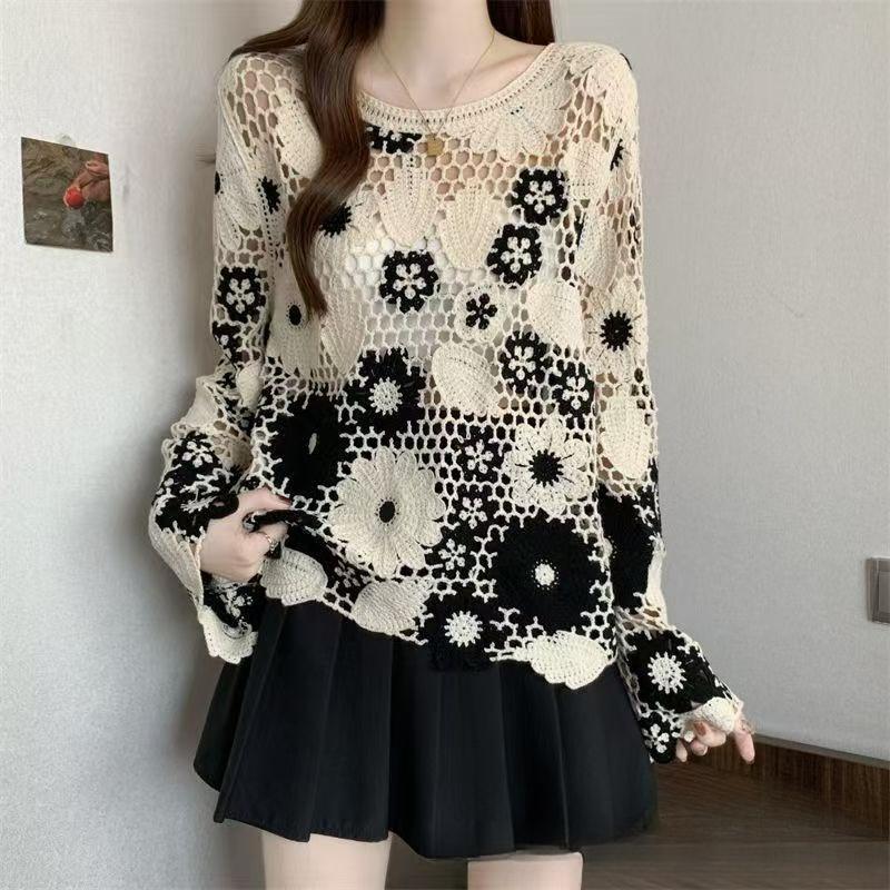 Bohemian Crochet Hollow Knit Sweater for Women Loose Color-Block Long-Sleeve Knit Pullover Top