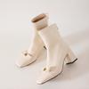 Huge good-looking camellia bow square head thick heel short boots soft leather elastic thin boots high heel not tired feet women's boots