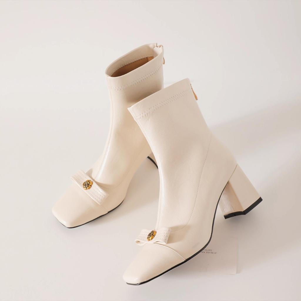 Huge good-looking camellia bow square head thick heel short boots soft leather elastic thin boots high heel not tired feet women's boots
