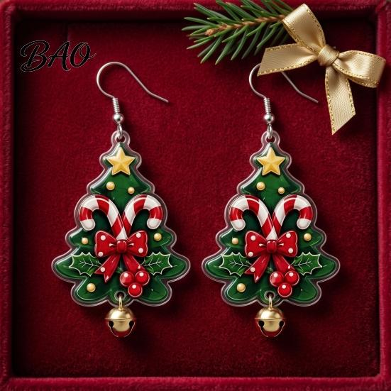 Winter Outfit Accessories 1 Pair Acrylic Christmas Tree Dangle Earrings, 2D Flat Xmas Cute Jewelry Bow Candy Cane Earrings with Bell, Holiday