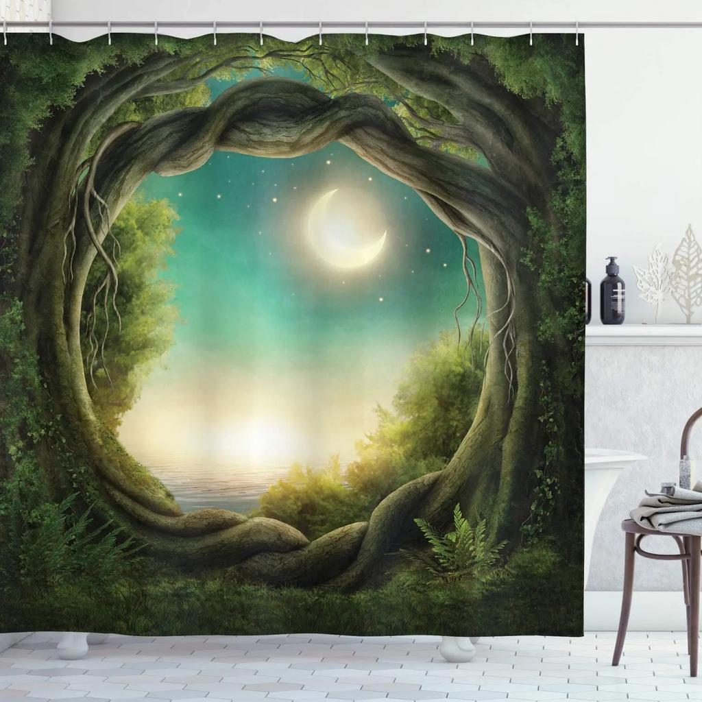 Nature Shower Curtains Stream Flowing in Forest Mossy Rocks Trees Foliage Splash Landscape Fabric Bathroom Decor Set with Hooks