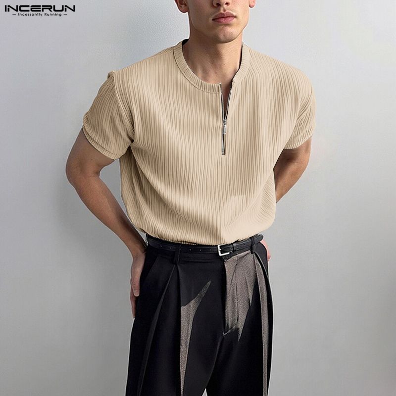 INCERUN Men Zip-up Neck Short Sleeve Texture Rib Casual T-Shirts Tops