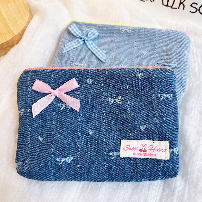 Denim Zero Wallet Madam Cute Bow Cosmetic Bag Storage Bag Travel Portable Makeup Organizer Wallet Purse with Zipper