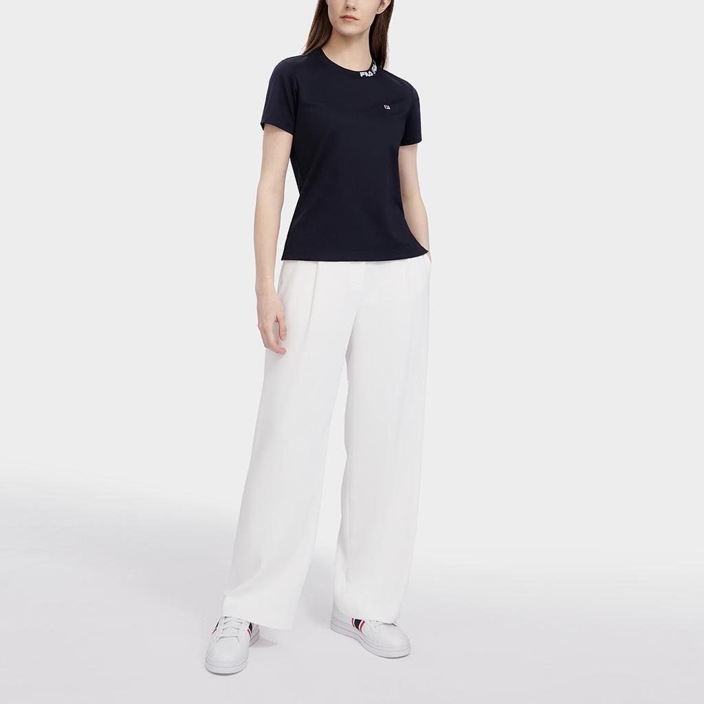 Fila Classic Business Knitted Double-Sided Jacquard Round Neck Short Sleeve T-Shirt Women Tops Legendary-Blue F11W321103FNV