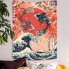 VIKAMA Black And White Japanese Tapestry Koi Cherry Blossoms On Mount Fuji Wabi Sabi Boho Home Office Wall Hanging