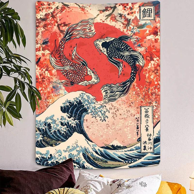 VIKAMA Black And White Japanese Tapestry Koi Cherry Blossoms On Mount Fuji Wabi Sabi Boho Home Office Wall Hanging