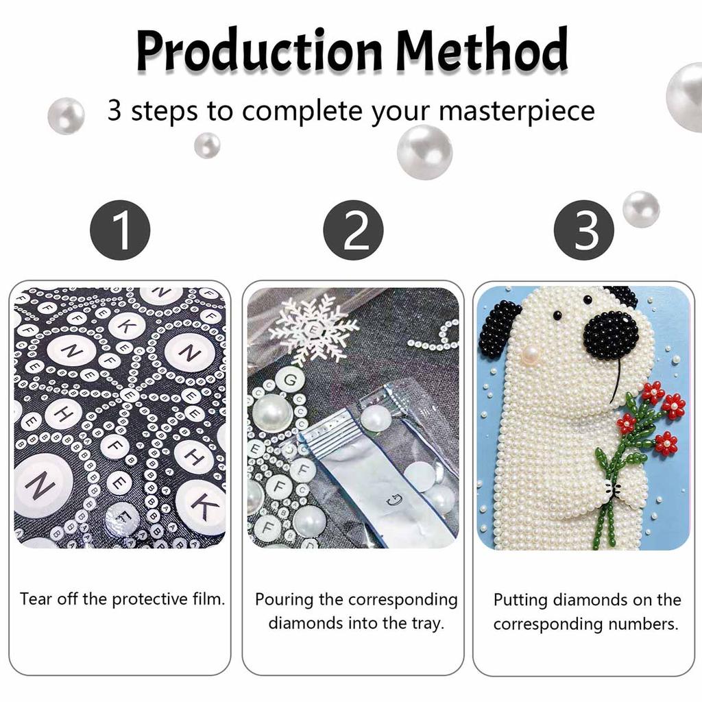 Sparkling Framed Pearl Painting Kit DIY with Cute Dog Holding Flowers 3D Bead Art Canvas Ready to Display Home Wall Decor Gift
