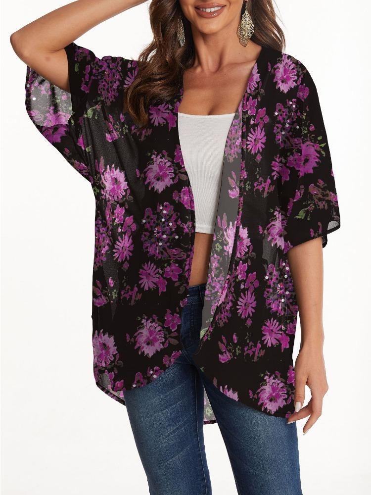 

Women s Sunscreen Cover Shirt Printed Chiffon Top Cardigan 3XL фиолетовый