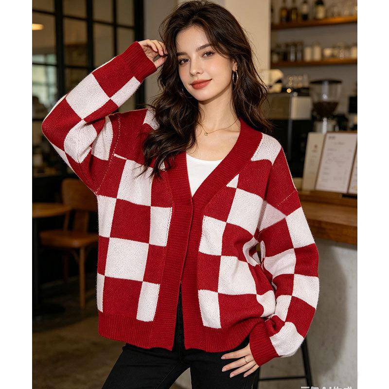 Europe, America Autumn and Winter Fashion Sweater Women's Clothing, Casual Knitted Plaid Contrasting Cardigan Jacket Top